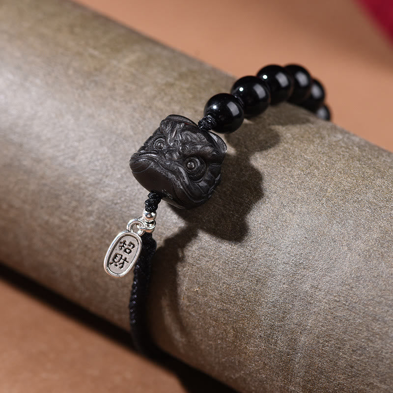 Wear FengShui Black Obsidian Silver Sheen Obsidian Cute Cat Dancing Lion Strength Bracelet