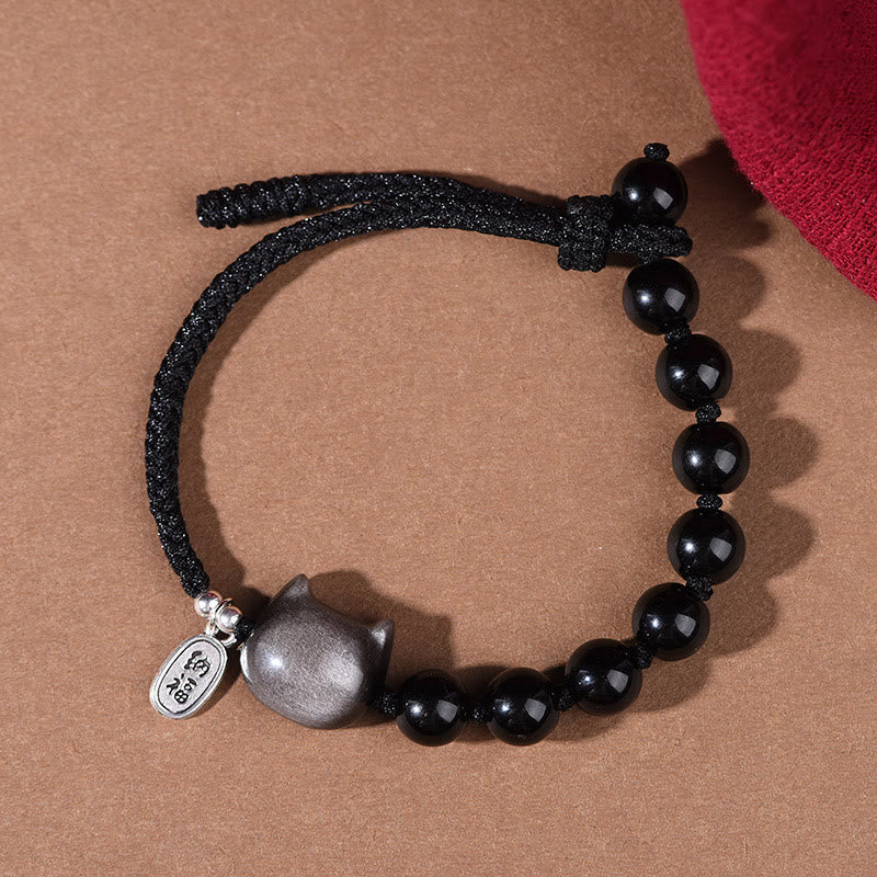 Wear FengShui Black Obsidian Silver Sheen Obsidian Cute Cat Dancing Lion Strength Bracelet