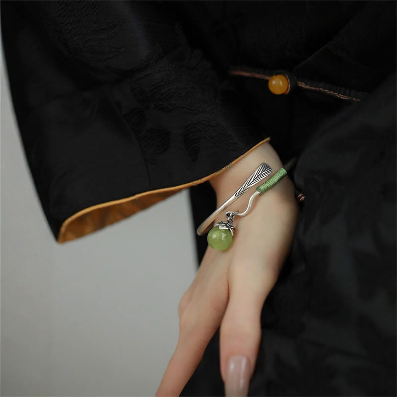 Wear FengShui Copper Alloy Green Bead Charm Luck Cuff Bracelet Bangle