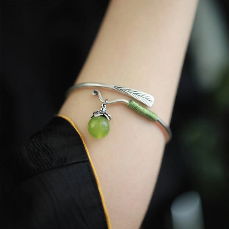 Wear FengShui Copper Alloy Green Bead Charm Luck Cuff Bracelet Bangle
