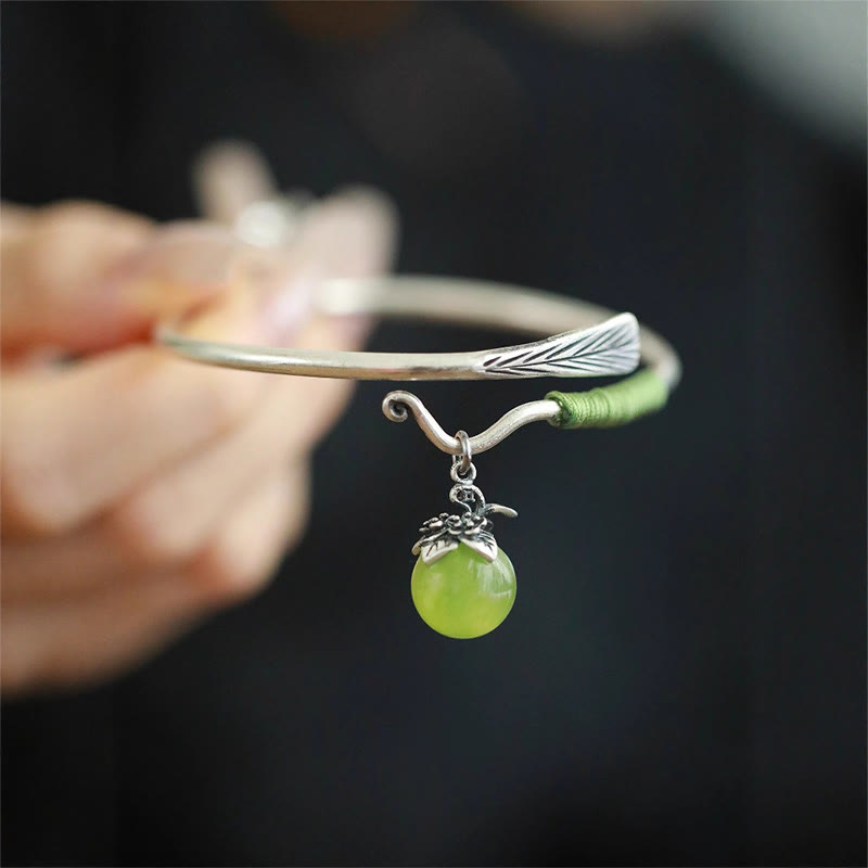 Wear FengShui Copper Alloy Green Bead Charm Luck Cuff Bracelet Bangle