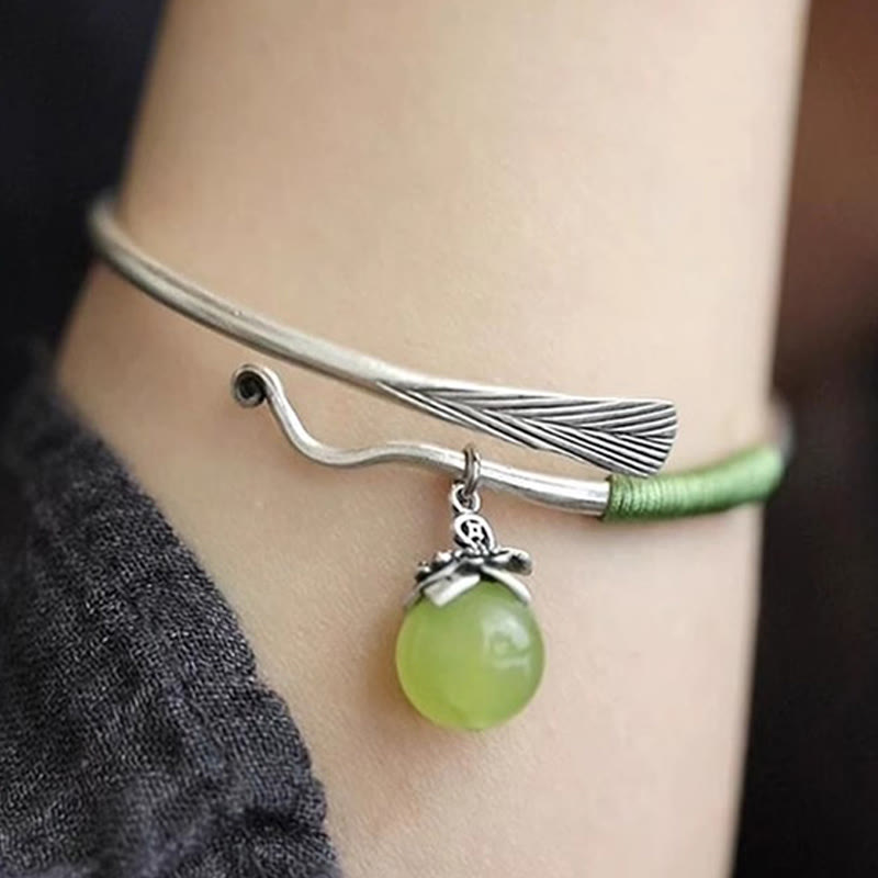 Wear FengShui Copper Alloy Green Bead Charm Luck Cuff Bracelet Bangle