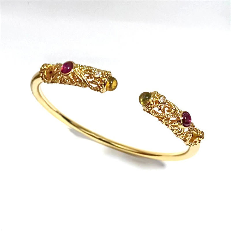 Wear FengShui Golden Flower Pattern Red Zircon Amber Copper Luck Cuff Bracelet Bangle