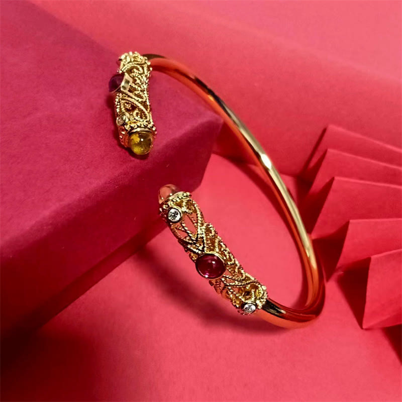 Wear FengShui Golden Flower Pattern Red Zircon Amber Copper Luck Cuff Bracelet Bangle