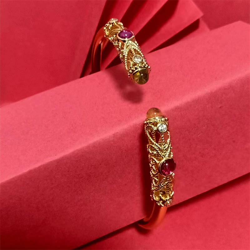 Wear FengShui Golden Flower Pattern Red Zircon Amber Copper Luck Cuff Bracelet Bangle