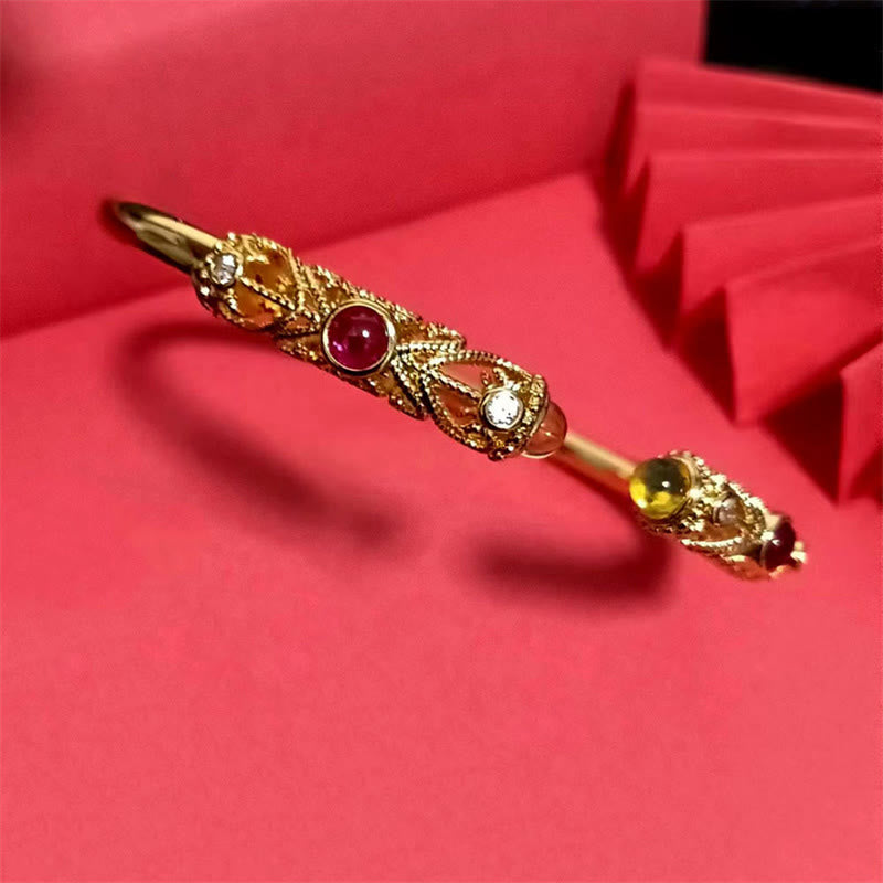Wear FengShui Golden Flower Pattern Red Zircon Amber Copper Luck Cuff Bracelet Bangle