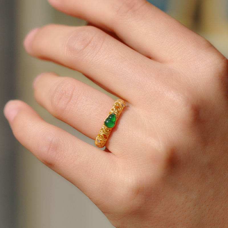 Wear FengShui Vintage Gourd Green Chalcedony Copper Alloy Wealth Ring