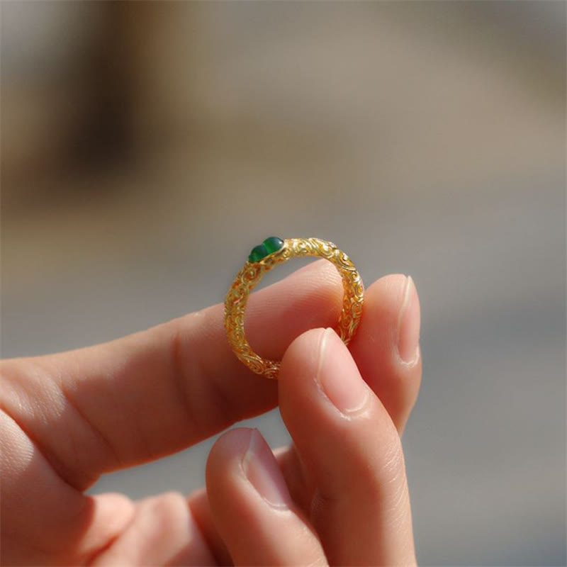 Wear FengShui Vintage Gourd Green Chalcedony Copper Alloy Wealth Ring