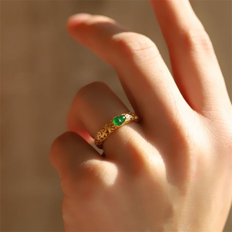 Wear FengShui Vintage Gourd Green Chalcedony Copper Alloy Wealth Ring