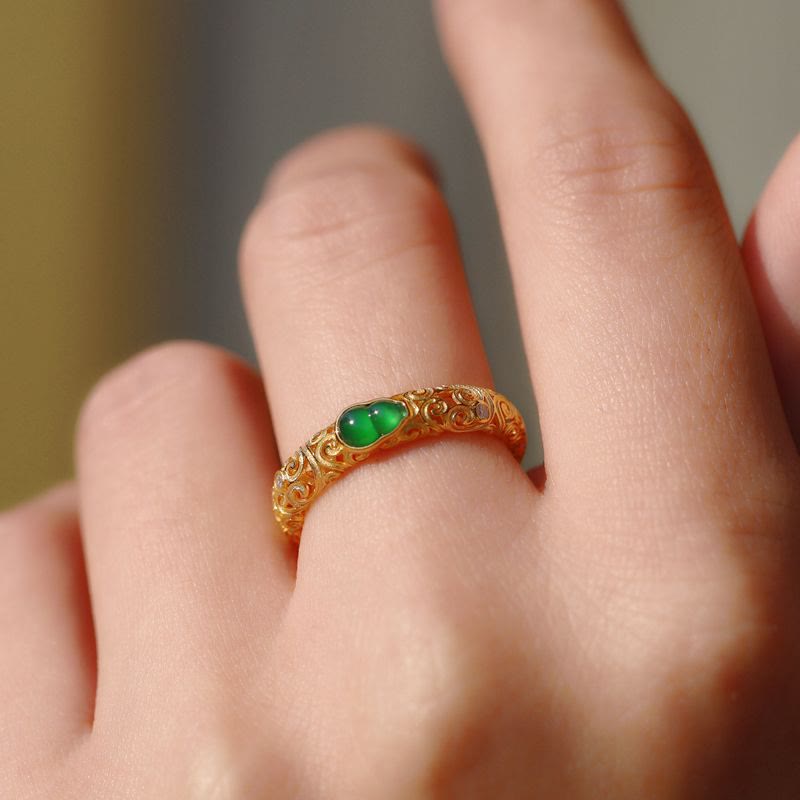 Wear FengShui Vintage Gourd Green Chalcedony Copper Alloy Wealth Ring