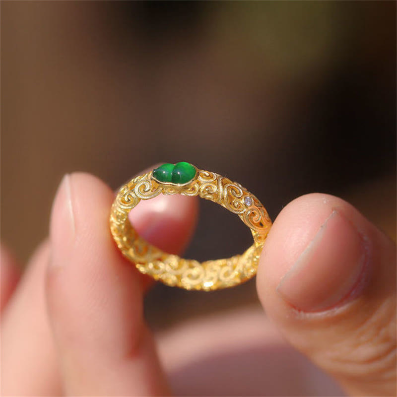Wear FengShui Vintage Gourd Green Chalcedony Copper Alloy Wealth Ring