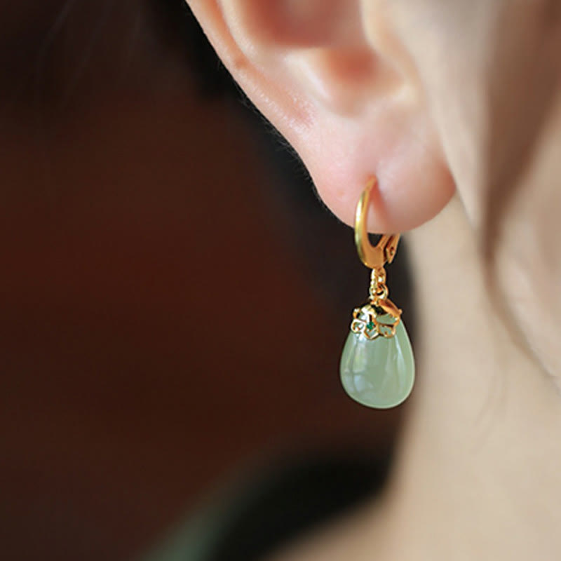 Wear FengShui Green Chalcedony Water Drop Strength Copper Posts Earrings