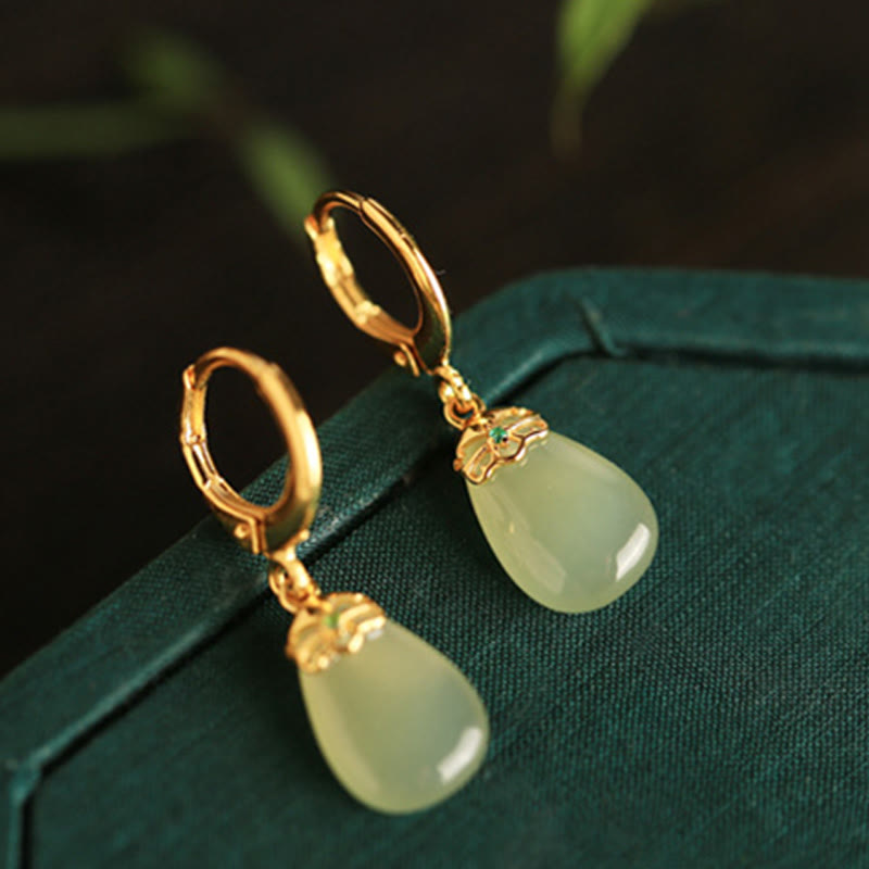 Wear FengShui Green Chalcedony Water Drop Strength Copper Posts Earrings