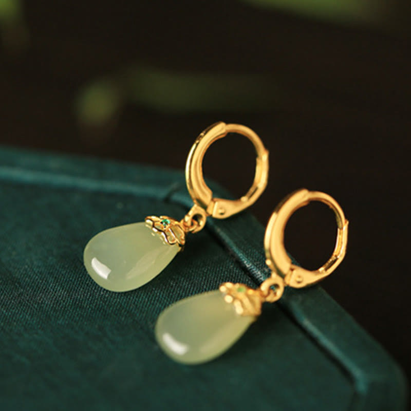 Wear FengShui Green Chalcedony Water Drop Strength Copper Posts Earrings