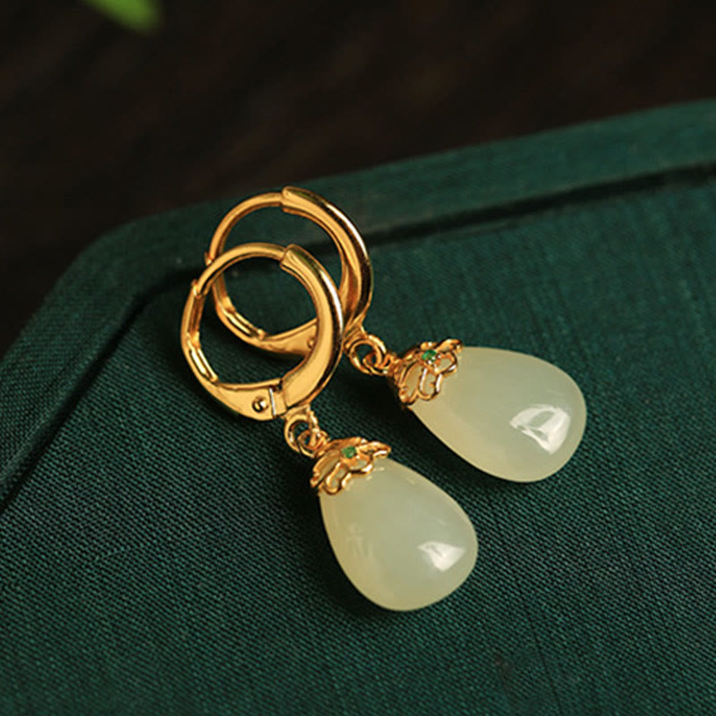 Wear FengShui Green Chalcedony Water Drop Strength Copper Posts Earrings