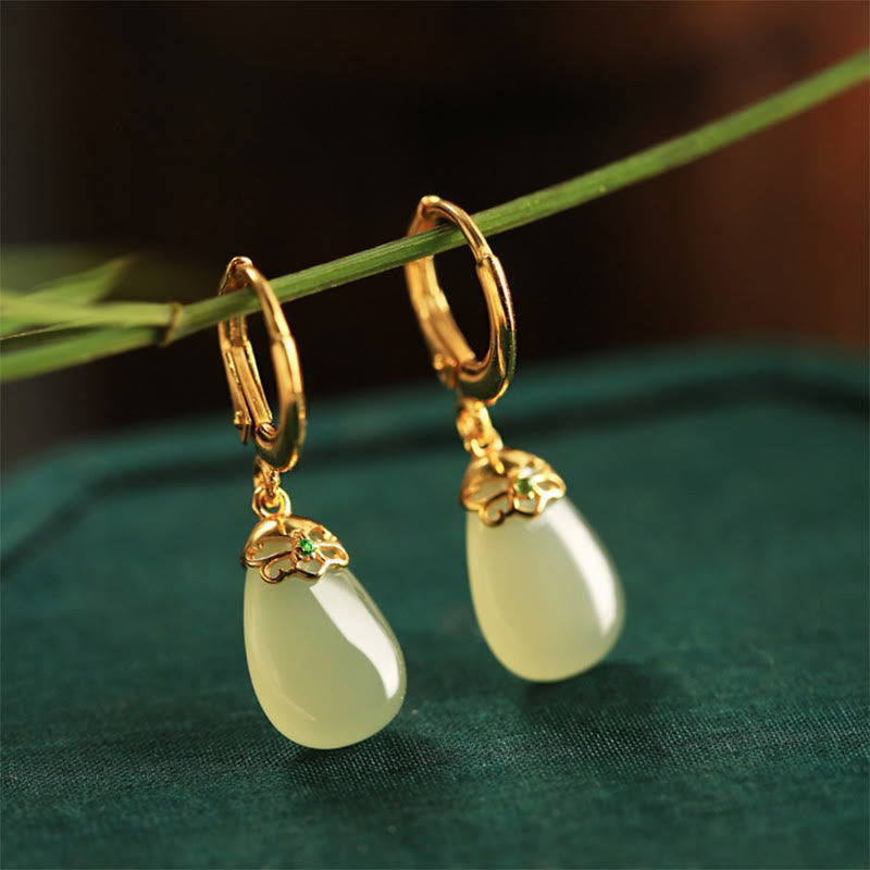 Wear FengShui Green Chalcedony Water Drop Strength Copper Posts Earrings