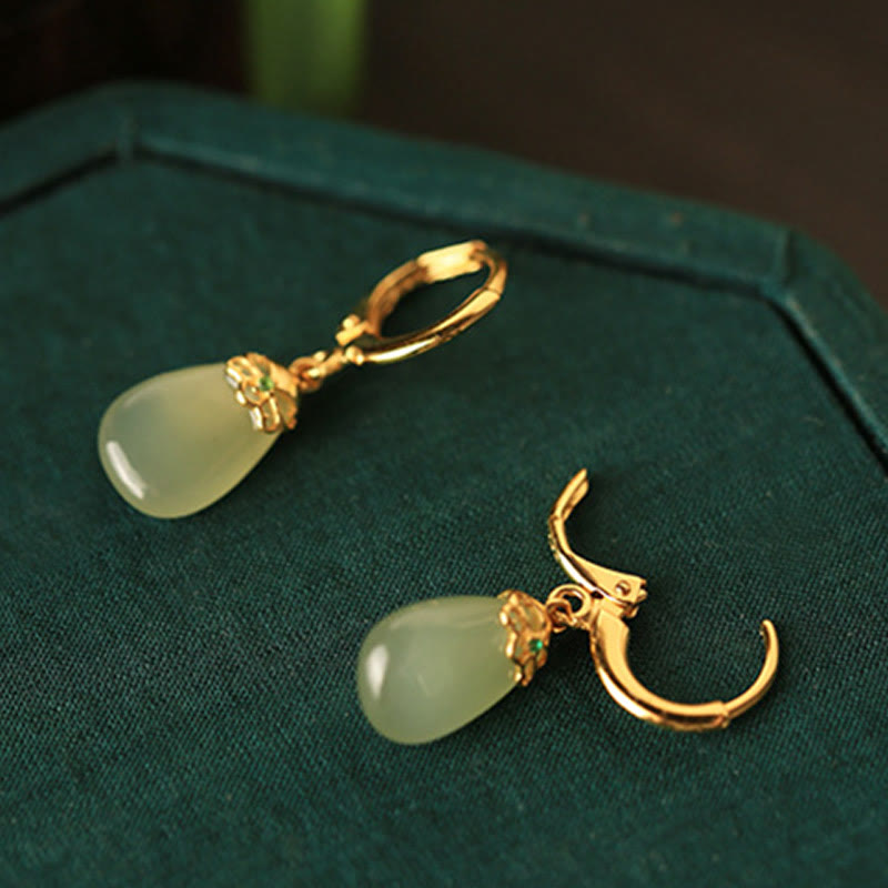 Wear FengShui Green Chalcedony Water Drop Strength Copper Posts Earrings