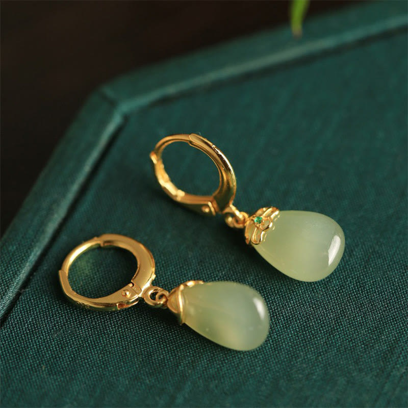 Wear FengShui Green Chalcedony Water Drop Strength Copper Posts Earrings
