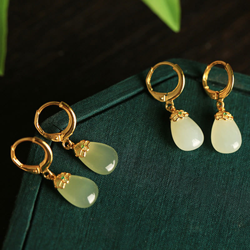 Wear FengShui Green Chalcedony Water Drop Strength Copper Posts Earrings