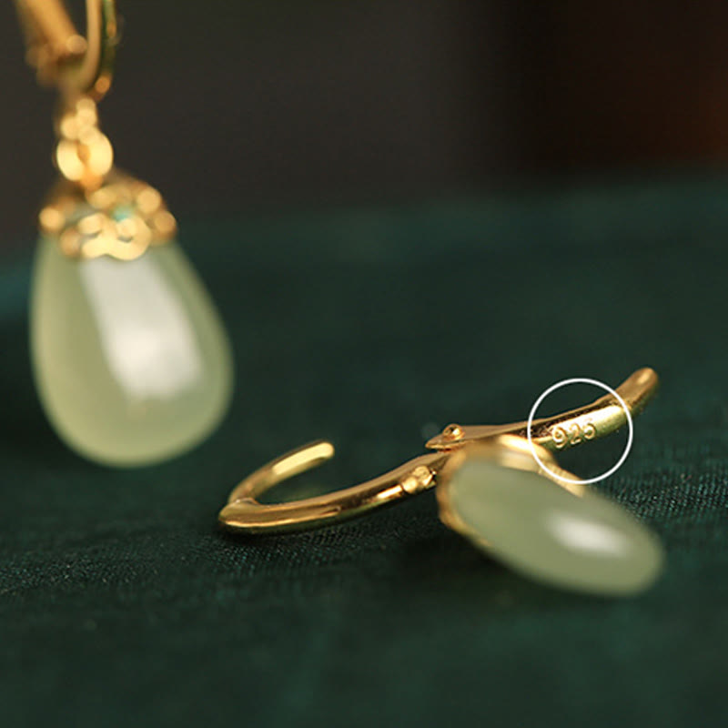 Wear FengShui Green Chalcedony Water Drop Strength Copper Posts Earrings