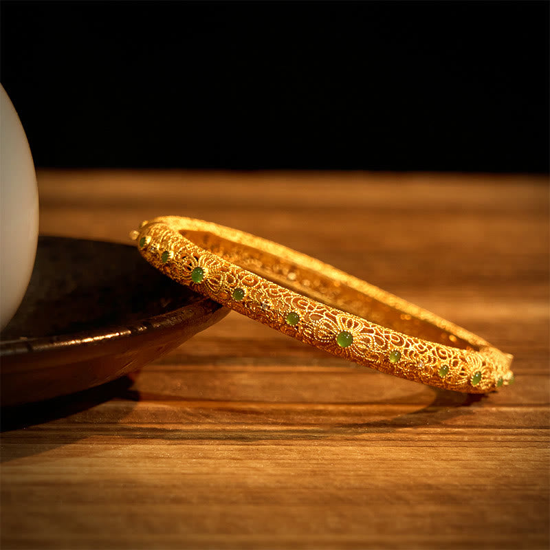 Wear FengShui Hollow Filigree Design Copper Plated Gold Wealth Bracelet Bangle