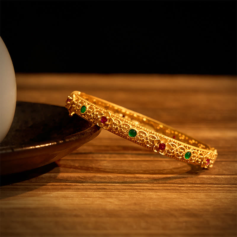 Wear FengShui Hollow Design Copper Plated Gold Flower Luck Bracelet Bangle