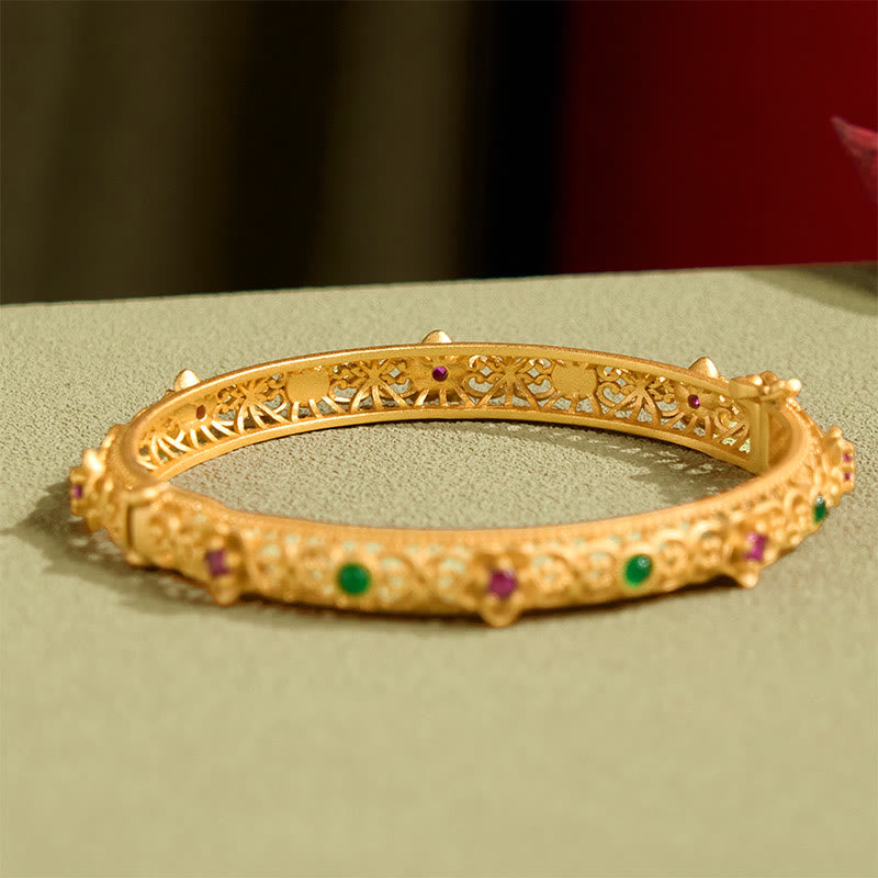 Wear FengShui Hollow Design Copper Plated Gold Flower Luck Bracelet Bangle