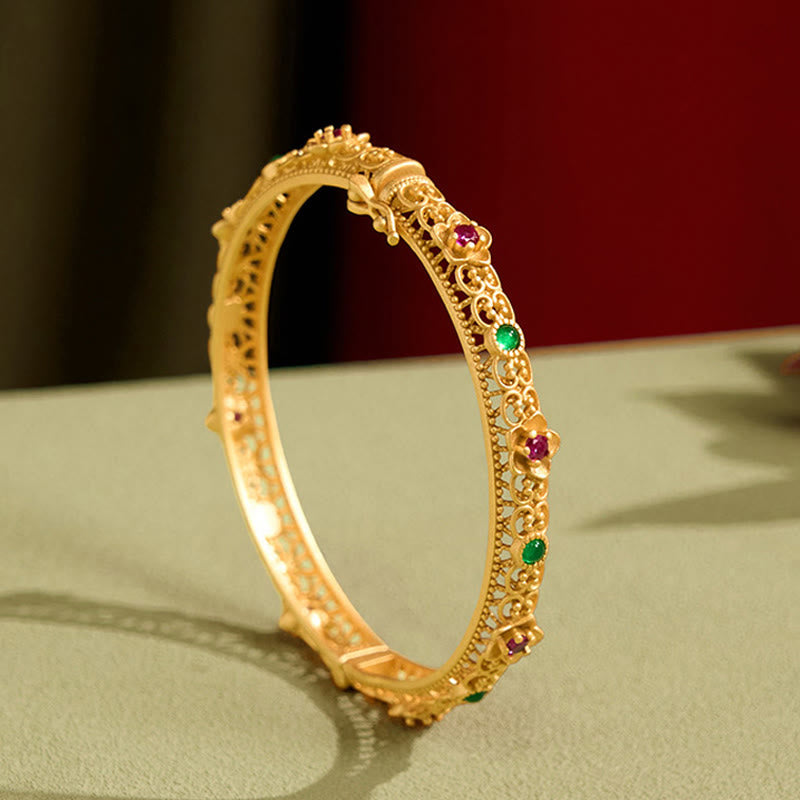 Wear FengShui Hollow Design Copper Plated Gold Flower Luck Bracelet Bangle