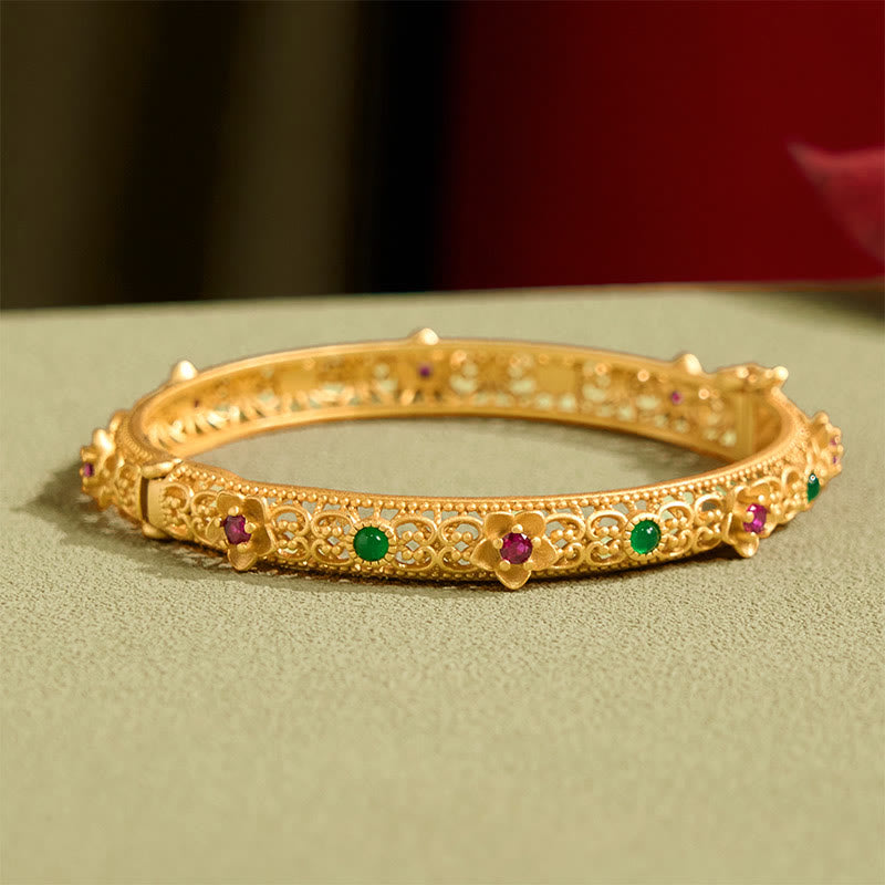 Wear FengShui Hollow Design Copper Plated Gold Flower Luck Bracelet Bangle