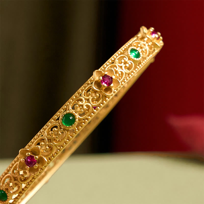 Wear FengShui Hollow Design Copper Plated Gold Flower Luck Bracelet Bangle