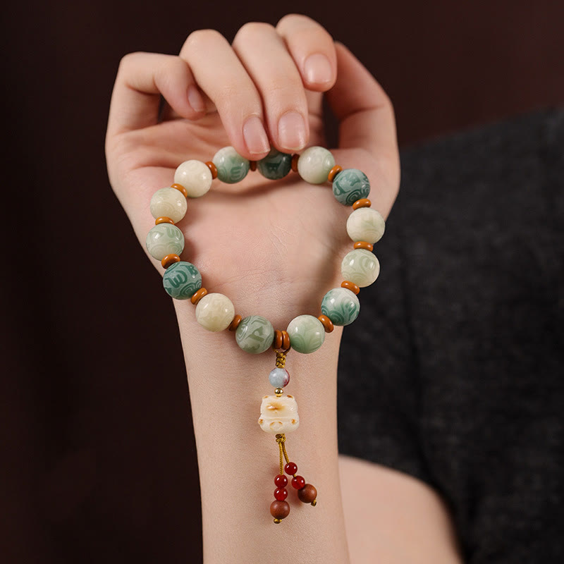 Wear FengShui Gradient Bodhi Seed Om Mani Padme Hum Carved Zakiram Peace Bracelet