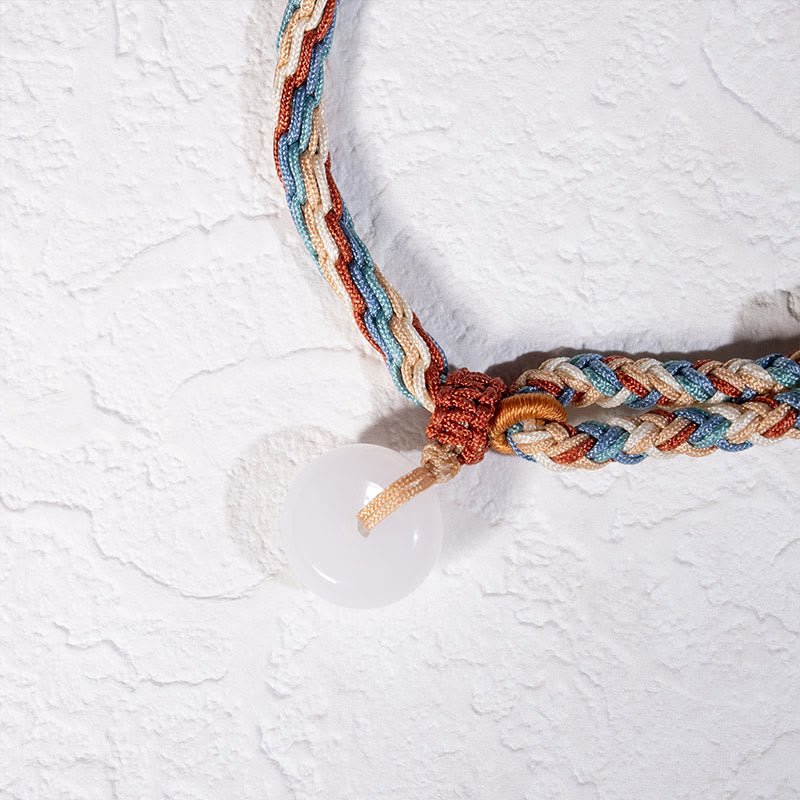 Wear FengShui Natural Hetian Jade Peace Buckle Protection Colored Rope Braided Bracelet