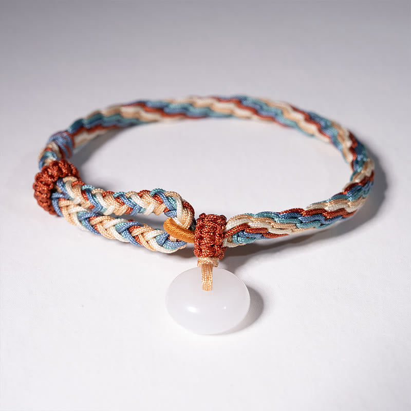 Wear FengShui Natural Hetian Jade Peace Buckle Protection Colored Rope Braided Bracelet