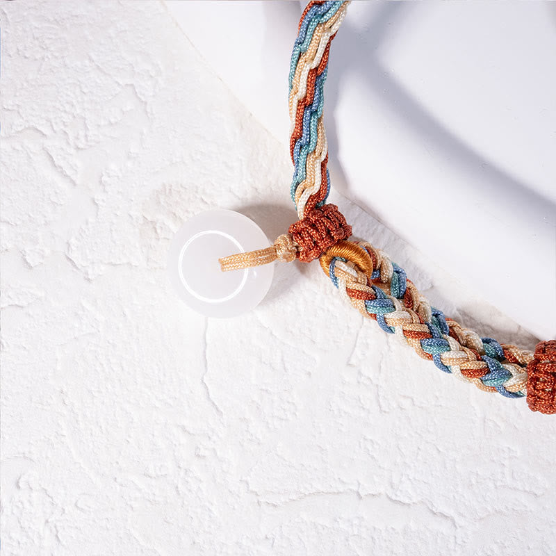 Wear FengShui Natural Hetian Jade Peace Buckle Protection Colored Rope Braided Bracelet