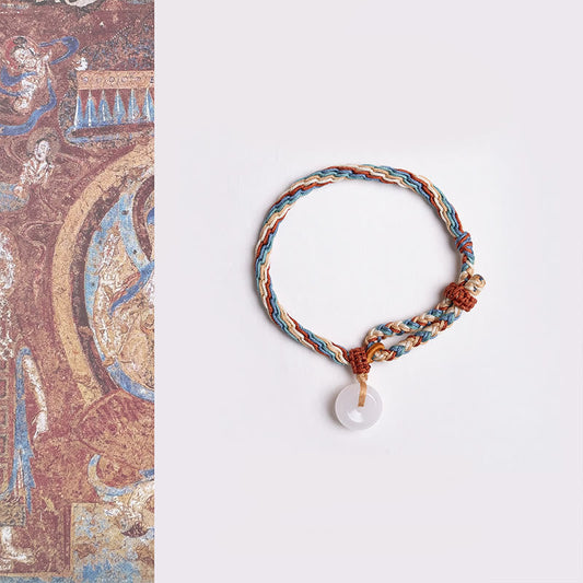 Wear FengShui Natural Hetian Jade Peace Buckle Protection Colored Rope Braided Bracelet