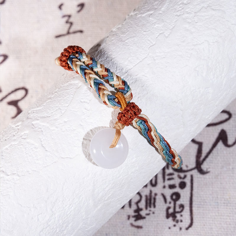 Wear FengShui Natural Hetian Jade Peace Buckle Protection Colored Rope Braided Bracelet