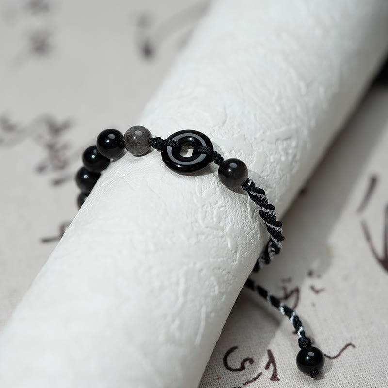 Wear FengShui Natural Black Obsidian Peace Buckle Purification Black Rope Bracelet