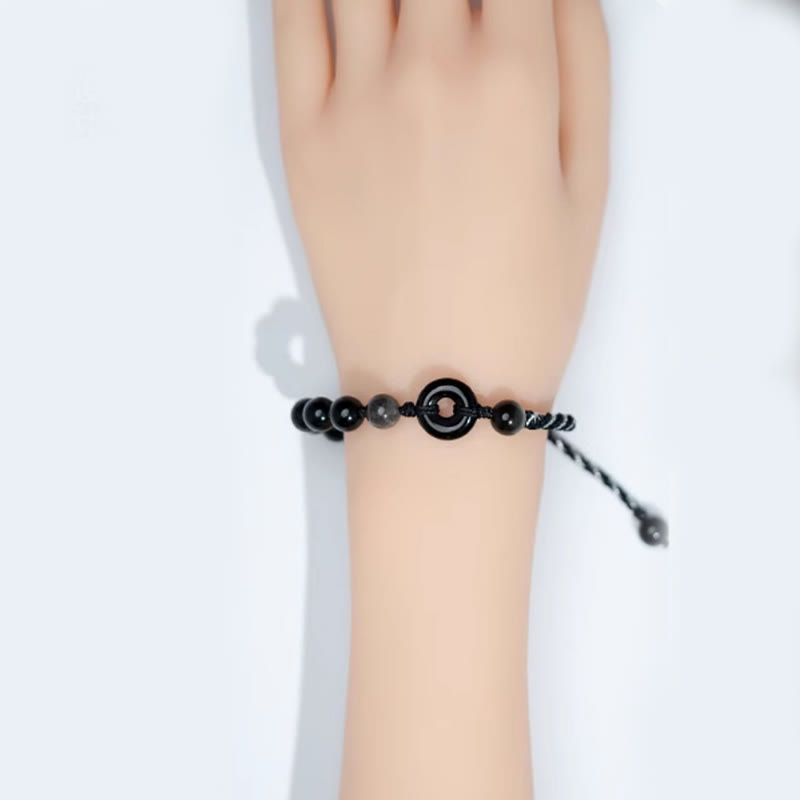 Wear FengShui Natural Black Obsidian Peace Buckle Purification Black Rope Bracelet
