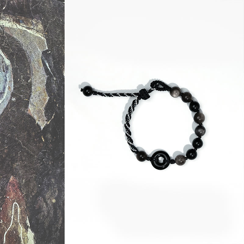 Wear FengShui Natural Black Obsidian Peace Buckle Purification Black Rope Bracelet