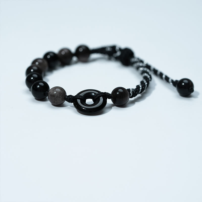 Wear FengShui Natural Black Obsidian Peace Buckle Purification Black Rope Bracelet