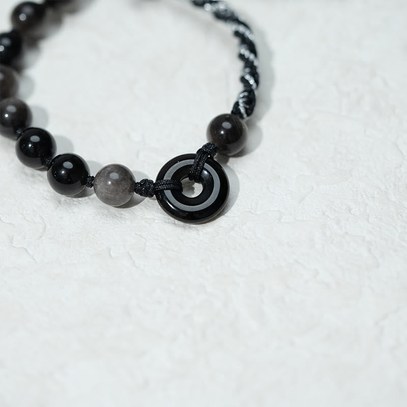 Wear FengShui Natural Black Obsidian Peace Buckle Purification Black Rope Bracelet