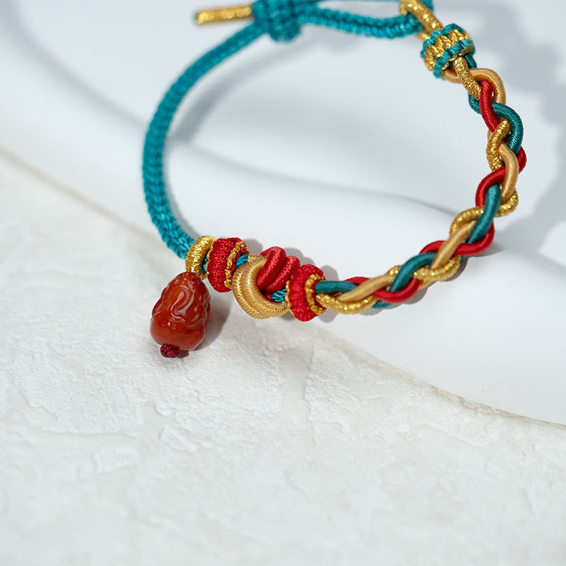 Wear FengShui Natural Red Agate Pixiu Confidence Four-strand Braid Rope Bracelet