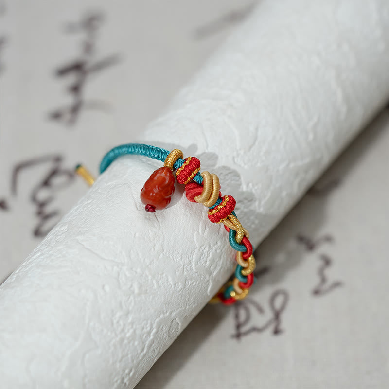 Wear FengShui Natural Red Agate Pixiu Confidence Four-strand Braid Rope Bracelet