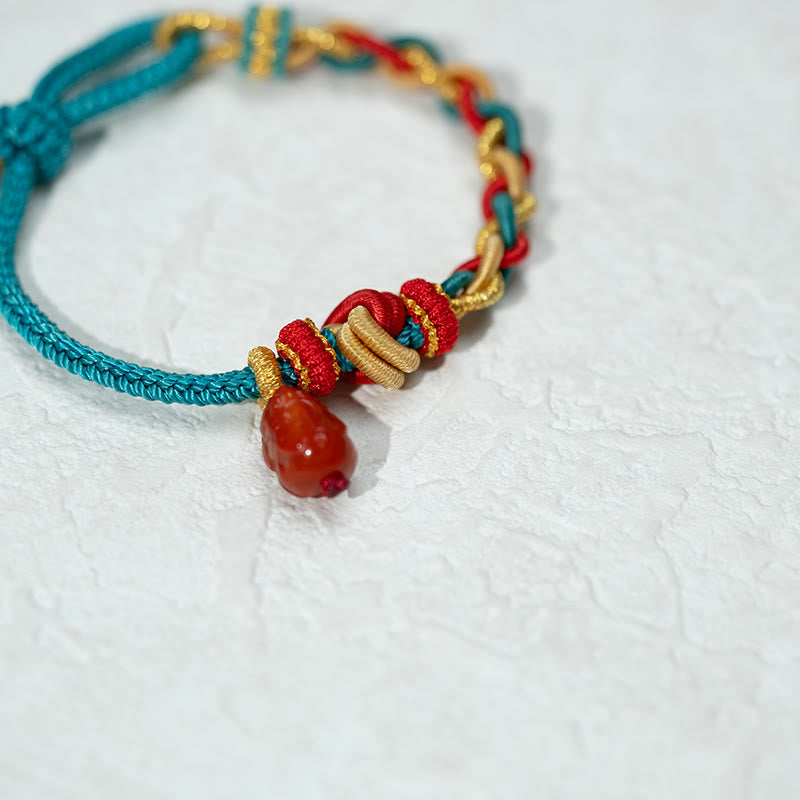 Wear FengShui Natural Red Agate Pixiu Confidence Four-strand Braid Rope Bracelet