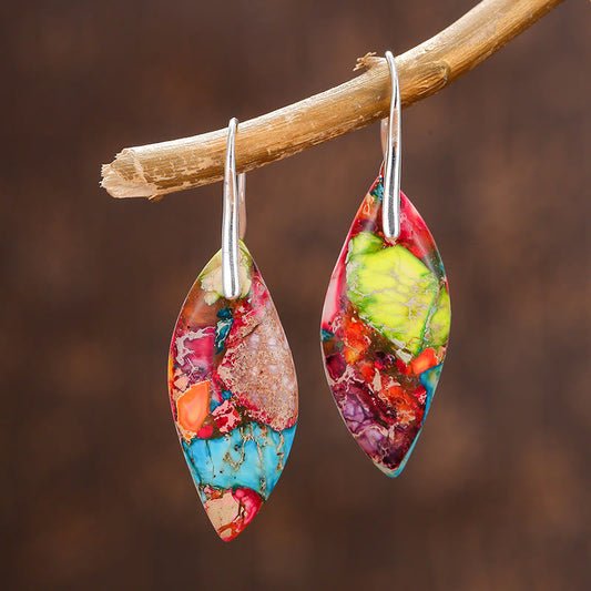 Wear FengShui Natural Emperor Stone Water Drop Leaf Shape Happiness Earrings