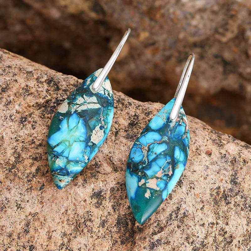 Wear FengShui Natural Emperor Stone Water Drop Leaf Shape Happiness Earrings