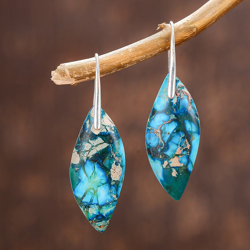 Wear FengShui Natural Emperor Stone Water Drop Leaf Shape Happiness Earrings