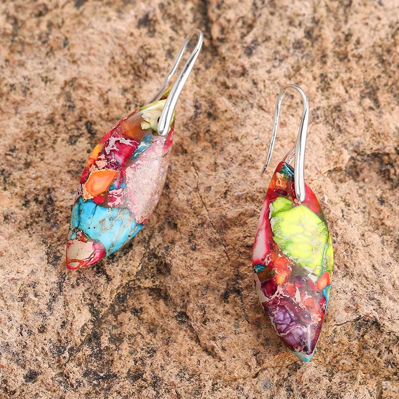 Wear FengShui Natural Emperor Stone Water Drop Leaf Shape Happiness Earrings