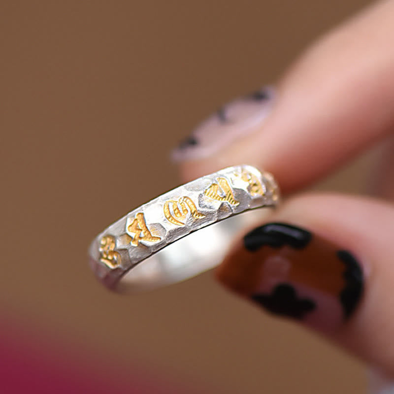 Wear FengShui Hammer Pattern Om Mani Padme Hum Copper Plated Silver Wealth Ring