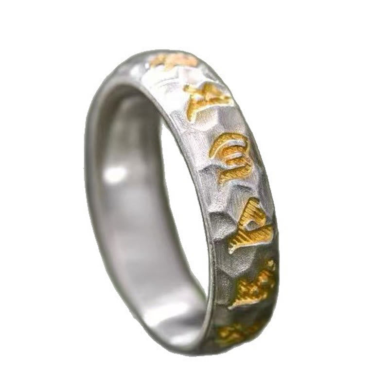 Wear FengShui Hammer Pattern Om Mani Padme Hum Copper Plated Silver Wealth Ring